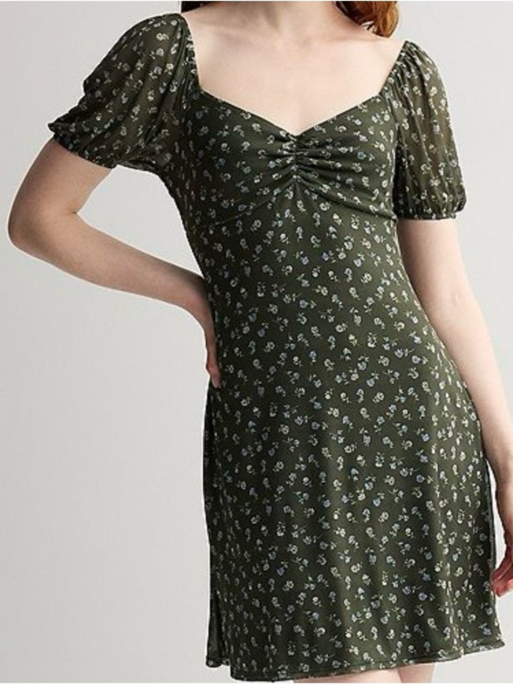 Live to be Spoiled Olive Green Floral Puff-Sleeve Mini Dress